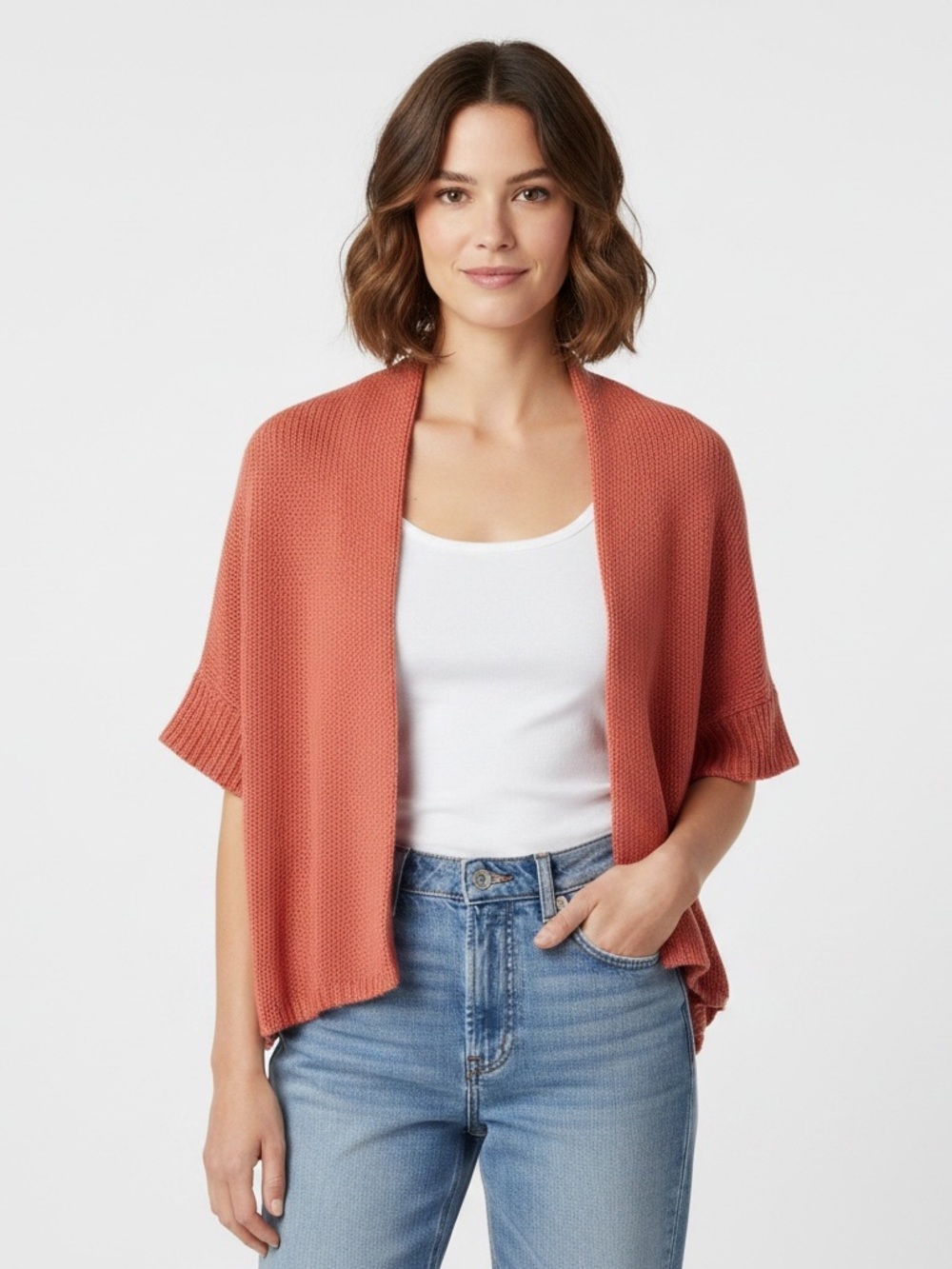 Eileen Fisher | Organic cotton knit shrug short sleeve open cardigan siz…